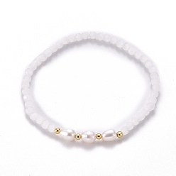 White Faceted Glass Beaded Stretch Bracelets, with Natural Pearl Beads and Golden Plated Brass Beads, White, Inner Diameter: 2-1/4 inch(5.7cm)