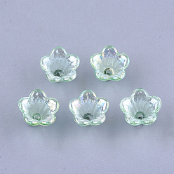 Aquamarine Transparent Acrylic Bead Caps, Trumpet Flower Beads, AB Color, 5-Petal, Flower, Aquamarine, 10x14x13.5mm, Hole: 1.6mm, about 1370pcs/500g