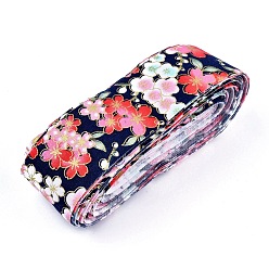 Prussian Blue Japanese Kimono Style Floral Cotton Ribbon, Single Printed, for DIY Hair Bow, Headwear, Handmade Trim, Prussian Blue, 1-1/2 inch(40mm), about 10yards/roll(9.14m/roll)