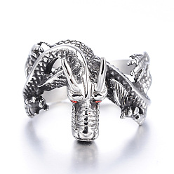 Antique Silver 316 Surgical Stainless Steel Rings, with Rhinestone, Dragon, Antique Silver, 17~22mm