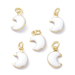 White Brass Enamel Charms, Real 18K Gold Plated, with Jump Rings, Moon, Cadmium Free & Lead Free, White, 11x7x3.5mm, Hole: 2.6mm