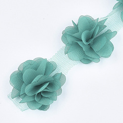 LightSeaGreen Organza Flower Ribbon, Costume Accessories, For Party Wedding Decoration and Earring Making, Cadet Blue, 50~60mm, about 10yard/bundle