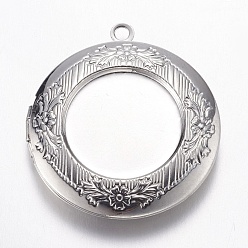 Platinum Brass Locket Pendants, Flat Round with Flower, Platinum, 32.5x6mm, Hole: 2mm