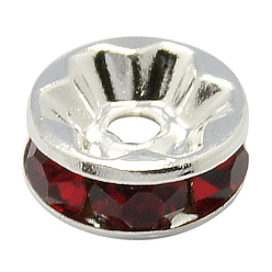 Siam Rondelle Silver Brass Grade A Rhinestone Spacer Beads, Straight Flange, Siam, 6x3mm, Hole: 1mm