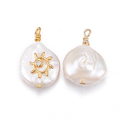 Clair Pendentifs de perles d'eau douce de culture naturelle, avec accessoires zircon cubique micro pave en laiton, pépites avec soleil, or, clair, 17~26x11~16x5~11mm, Trou: 1.6~2mm