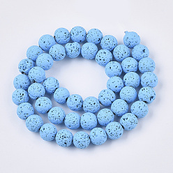 Bleu Ciel Clair Brins de perles de pierre de lave naturelle peintes à la bombe, ronde, lumière bleu ciel, 10~11mm, Trou: 1.4mm, Environ 37~39 pcs/chapelet, 14.96 pouce (38 cm)