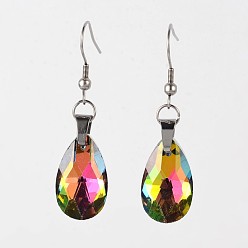 Colorful Teardrop Glass Dangle Earrings, with 304 Stainless Steel Earring Hooks, Colorful, 50mm, Pin: 0.6mm