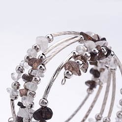 Coffee Five Loops Wrap Smoky Quartz Beads Bracelets, with Crystal Chips Beads and Iron Spacer Beads, Coffee, 2 inch(52mm)