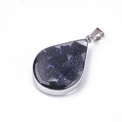 Blue Goldstone Synthetic Blue Goldstone Pendants, with Glass and 304 Stainless Steel Findings, teardrop, Stainless Steel Color, 26.5~27x17~17.5x6.5~7mm, Hole: 3x5.5mm