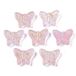 Pink Transparent Spray Painted Glass Beads, with Golden Foil, Butterfly, Pink, 12.5x15.5x5mm, Hole: 1mm