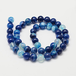Dodger Blue Natural Striped Agate/Banded Agate Bead Strands, Round, Grade A, Dyed, Dodger Blue, 8mm, Hole: 1mm, about 47~48pcs/strand, 14.5 inch