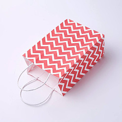 Rouge Sacs en papier kraft, avec poignées, sacs-cadeaux, sacs à provisions, rectangle, motif de vague, rouge, 21x15x8 cm