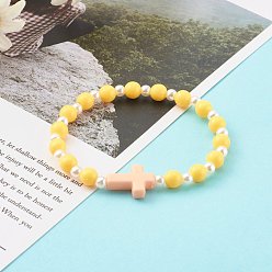 Mixed Color Opaque Acrylic Stretch Beaded Bracelets for Kids, with ABS Plastic Imitation Pearl Beads, Round & Cross, Mixed Color, Inner Diameter: 1-3/4 inch(4.6cm)
