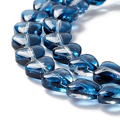 Prussian Blue Transparent Glass Beads Strand, Heart, Prussian Blue, 7.5~8.5x8~8.5x4~4.5mm, Hole: 1mm, about 44~45pcs/strand, 12.56~12.87 inch(31.9~32.7cm)