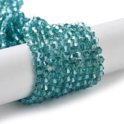 Cyan Electroplate Glass Beads Strands, Half Golden Plated, Faceted, Bicone, Cyan, 3x3mm, Hole: 1mm, about 128~135pcs/strand, 13.8 inch
