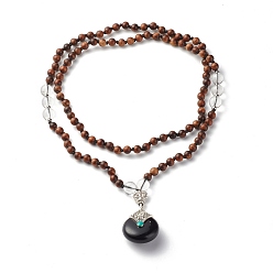 Wood 108 Mala Prayer Beads Necklace, Natural Quartz Crystal & Wood Round Beads Necklace, Donut Resin Pendant Necklace for Women, 34.65 inch(88cm)