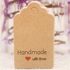 BurlyWood Paper Gift Tags, Hange Tags, For Arts and Crafts, For Wedding, Valentine's Day, Rectangle with Word Handmade with Love, BurlyWood, 50x30x0.4mm, Hole: 5mm