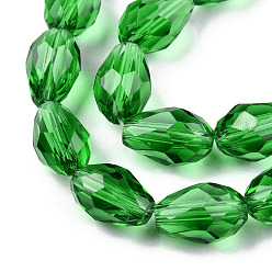Green Glass Beads Strands, Faceted, Drop, Green, 11x8mm, Hole: 1mm, about 57~59pcs/strand, 26.38~26.77 inch
