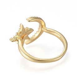 Настоящее золото 18K Латунные кольца из манжеты с прозрачным цирконием, открытые кольца, долговечный, звезда и луна, реальный 18 k позолоченный, размер США 7 1/4 (17.5 мм)