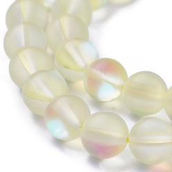 Jaune Clair Brins synthétiques de perles de lune, perles holographiques, demi couleur ab plaqué, givré, ronde, jaune clair, 10mm, Trou: 1mm, Environ 37 pcs/chapelet, 15 pouce
