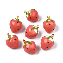 Tomato Handmade Porcelain Pendants, with Golden Plated Brass Findings, Famille Rose Style, 3D Strawberry, Tomato, 18~20x13.5~15mm, Hole: 1.6mm