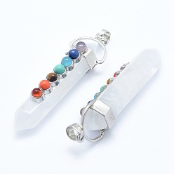 Quartz Crystal Chakra Jewelry, Natural Quartz Crystal Double Terminated Pointed Pendants, with Natural & Synthetic Mixed Stone Alloy Findings, Bullet, Platinum, 58~61x16.5~18x15.5~16mm, Hole: 4.5x7.5mm