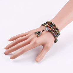 Indian Agate Natural Indian Agate Wrap Bracelets, with Alloy Findings, Four Loops, 30.3 inch(77cm)