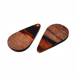 Chocolate Transparent Resin & Walnut Wood Pendants, Teardrop Shape Charm, Chocolate, 38x22x3mm, Hole: 2mm