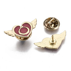 Red Alloy Brooches, Enamel Pin, with Brass Butterfly Clutches, Heart with Wing, Light Gold, Brown, 11x24x2mm, Pin: 1mm