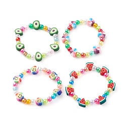 Mixed Color Stretch Kids Bracelets, with Eco-Friendly Transparent Acrylic and Fruit & Heart & Sunflowers Polymer Clay Beads, Mixed Color, Inner Diameter: 1-7/8 inch(4.8cm)