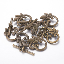 Bronze Antique Feuilles fermoirs à bascule de style tibétain, feuille, sans plomb et sans cadmium, bronze antique, feuille: 19x24 mm, barre: 5.5x29.5 mm, Trou: 1.6mm