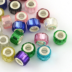 Mixed Color Resin European Beads, with Silver Color Plated Brass Double Cores, Round, Mixed Color, 11x8mm, Hole: 5mm