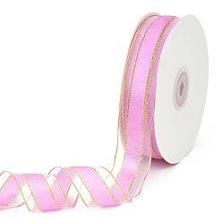 Violet Solid Color Organza Ribbons, Golden Wired Edge Ribbon, for Party Decoration, Gift Packing, Violet, 1"(25mm), about 50yard/roll(45.72m/roll)