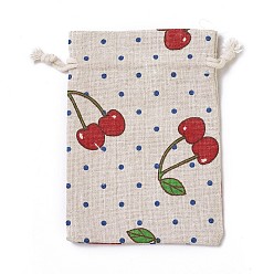 Colorful Burlap Packing Pouches, Drawstring Bags, Rectangle with Cherry Pattern, Colorful, 14~14.4x10~10.2cm