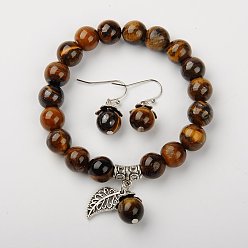 Œil De Tigre Ensembles de bijoux oeil de tigre naturel, bracelets et boucles d'oreilles, avec des perles en laiton d'écartement et crochets en laiton, 2 pouce (5.2 cm), 27mm