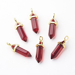 Indian Red Glass Pointed Pendants, with Alloy Finding, Golden, Bullet, Indian Red, 37~40x12.5x10mm, Hole: 3x4.5mm