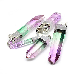 Hot Pink Natural Quartz Crystal Pointed Pendants, with Iron Findings, Plated Platinum, Nuggets, Dyed, Hot Pink, 30~45x9~14x6~10mm, Hole: 6x3.5mm