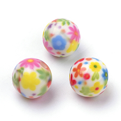 Coloré Perles acryliques imprimés opaques, ronde avec motif de fleurs, colorées, 10x9.5mm, Trou: 2mm