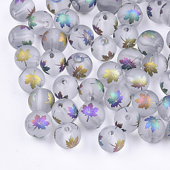 Colorful Autumn Theme Electroplate Transparent Glass Beads, Frosted, Round with Maple Leaf Pattern, Colorful, 8~8.5mm, Hole: 1.5mm