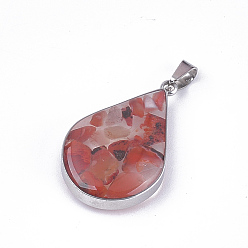 Carnelian Natural Carnelian Pendants, with Glass and 304 Stainless Steel Findings, teardrop, Stainless Steel Color, 26.5~27x17~17.5x6.5~7mm, Hole: 3x5.5mm