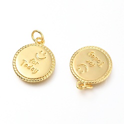 Real 18K Gold Plated Brass Pendants, Flat Round with Smiling Face and Word For Today, Real 18K Gold Plated, 17x14x1.4mm, Hole: 3.4mm