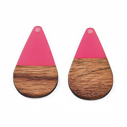 Hot Pink Transparent Resin & Walnut Wood Pendants, Teardrop Shape Charm, Hot Pink, 38x22x3mm, Hole: 2mm