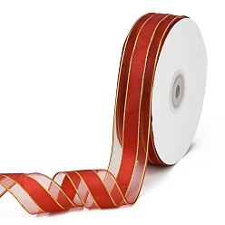 Brique Rouge Rubans en organza de couleur unie, ruban de bord filaire doré, pour la décoration de fête, emballage cadeau, firebrick, 1" (25 mm), à propos de 50yard / roll (45.72m / roll)
