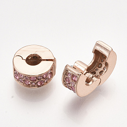 Light Rose Brass European Clasps, Large Hole Beads, with Rhinestone, Flat Round, Rose Gold, Light Rose, 11x5.5mm, Hole: 4mm