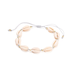 Doré  Bracelets de cheville ajustables en fil de nylon tressé, avec des perles de coquillage cauri naturel et des perles cubiques en laiton, or, 2-3/8~4-3/8 pouce (6~11 cm)