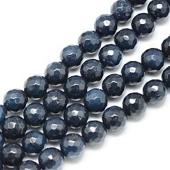 Bleu De Prusse Blanc brins de perles de jade naturels, teint, facette, ronde, null, 8~9mm, Trou: 1mm, Environ 46 pcs/chapelet, 14.76~14.96 pouce (37.5~38 cm)