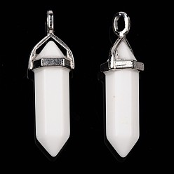 White Bullet Imitation Jade Glass Pointed Pendants, with Alloy Findings, White, 39x12mm, Hole: 3x4mm