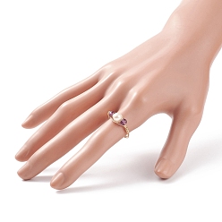 Смешанные камни Плетеное кольцо на палец с драгоценными камнями и натуральным жемчугом, украшения из светлой позолоченной медной проволоки для женщин, внутренний диаметр: 18.4~19 мм
