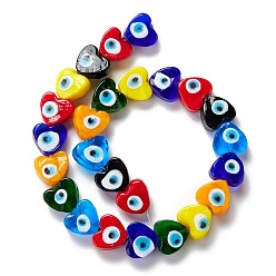 Mixed Color Handmade Evil Eye Lampwork Beads, Heart, Mixed Color, 14.5~15x15.5~16x6.5~7.5mm, Hole: 1~1.6mm, about 25pcs/strand, 14.02~13.66 inch(34.7~35.6cm)