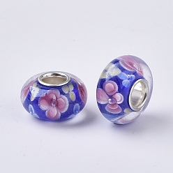 Blue Handmade Lampwork European Beads, Inner Flower, Large Hole Beads, with Silver Color Plated Brass Single Cores, Rondelle, Blue, 14x7.5mm, Hole: 4mm